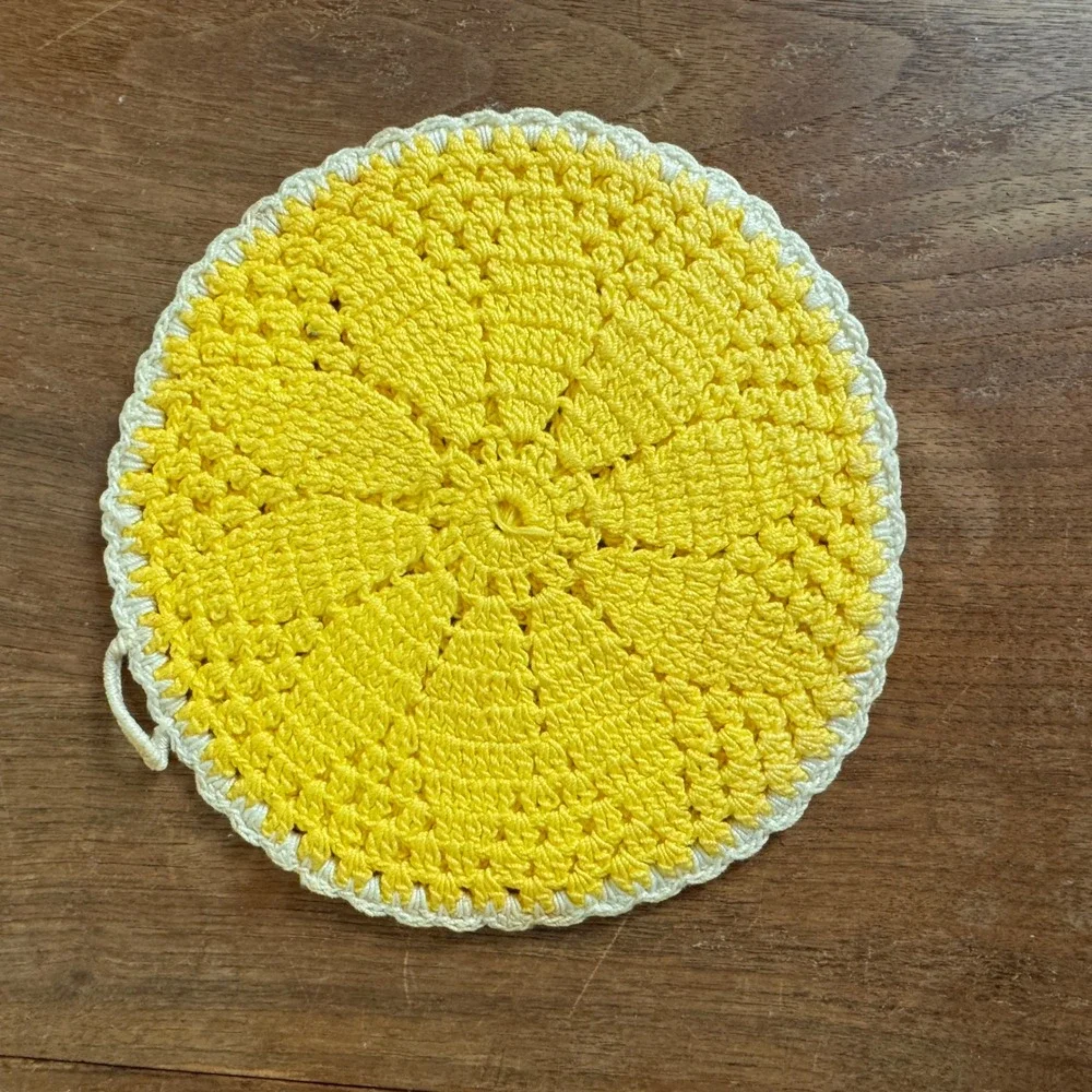 Vintage hand knitted Crocheted Yellow Double Layer Pot‎ Holder